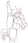 anthro belly breasts clothing duo female furniture machine overweight panties raised_leg simple_background table underwear white_background wamudraws cave_story curly_brace sue_sakamoto humanoid lagomorph mammal mimiga robot robot_humanoid 2020 monochrome red_and_white