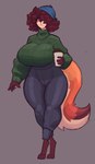 anthro beanie beverage big_breasts breasts clothing coffee female hair hat headgear headwear one_eye_obstructed pear-shaped_figure solo tail thick_thighs wide_hips thecoatl034 guide_lines hi_res