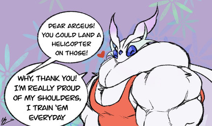 anthro biceps big_muscles clothing dialogue happy heart_symbol huge_muscles hyper hyper_muscles male muscular muscular_anthro muscular_male pecs shirt solo speech_bubble tank_top text topwear yongdasom nintendo pokemon arthropod frosmoth generation_8_pokemon insect lepidopteran moth pokemon_(species) english_text