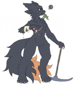 4_fingers 4_toes ambiguous_gender anthro arm_tuft bandage bandages_only big_ears big_tail biped black_body black_ears black_fur black_nose black_tail bleeding_arm blood blood_drop_(symbol) blood_from_wound bodily_fluids claws colored_blood digitigrade dipstick_tail ears_back eating eating_food elbow_tuft eyelashes feet finger_claws finger_tuft fingers fluffy fluffy_chest fluffy_tail fur handpaw head_tuft hindpaw holding_pickaxe leaf leaf_in_mouth leg_tuft looking_aside markings minus_sign neck_tuft nude orange_eyes orange_sclera orange_tail_tip paws pickaxe pivoted_ears pupils rock shoulder_tuft side_view simple_background slit_pupils snaggle_tooth snout solo speech_bubble standing tail tail_markings tail_on_ground tail_tuft toes tuft unusual_blood unusual_bodily_fluids white_background wood wounded yellow_blood teppuko casualties:_unknown canid canine expie_(gunsawian) fox gunsawian hybrid mammal murid murine rat rodent 2025 colored digital_drawing_(artwork) digital_media_(artwork) hi_res portrait