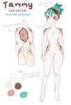 anthro brown_eyes butt female feminine_pose genitals green_hair hair humanoid_genitalia looking_at_viewer pussy simple_background smile solo text white_background white_body conditional_dnp hiccyart reptile scalie turtle absurd_res digital_media_(artwork) english_text hi_res model_sheet