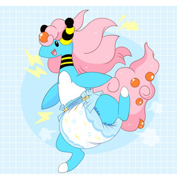 anthro big_diaper blue_body blue_diaper blue_fur clean_diaper clothed clothing diaper diaper_only fluffy fluffy_tail fur hair lightning_bolt long_hair male markings neck_markings on_one_leg pink_hair pink_tail solo standing tail topless wearing_diaper jupiters nintendo pokemon generation_6_pokemon mega_ampharos mega_evolution pokemon_(species) absurd_res hi_res letterbox