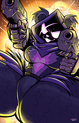 anthro armor armwear claws close-up clothing explosion eye_scar facial_scar female fur gloves glowing glowing_eyes gun handwear heart_symbol hood low-angle_view purple_body purple_fur ranged_weapon round_ears scar scarf solo weapon anaugi epic_games fortnite raven_team_leader bear mammal 2025 hi_res