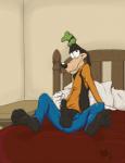 anthro balls bed bottomwear canid canine canis clothed clothing disney domestic_dog erection foreskin furniture genitals goofy_(disney) hi_res hindpaw humanoid_genitalia humanoid_penis male mammal open_bottomwear open_clothing open_pants pants paws penis skunkjunkie solo