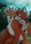 absurd_res canid canine disney doqqo_png duo eye_contact female feral flirting flower flowers_in_fur fluffy fluffy_tail fox fur hi_res looking_at_another love male male/female mammal plant red_fox smile tail the_fox_and_the_hound tod_(tfath) true_fox vixey_(tfath)