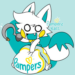 anthro branded clothed clothing diaper female fur hook hook_hand logo_on_clothing multicolored_body multicolored_fur multicolored_tail open_mouth open_smile simple_background sitting smile solo tail wearing_diaper dummydumbcat pampers lolbit_(frickbear's) canid canine fox mammal hi_res watermark