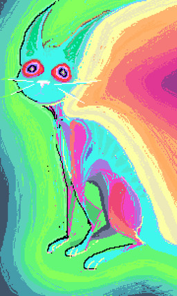 ambiguous_gender feral multicolored_body rainbow_background simple_background sitting solo tail teal_body teal_tail whiskers white_nose demensa domestic_cat felid feline felis mammal 2019 colorful_theme digital_media_(artwork) pixel_(artwork)