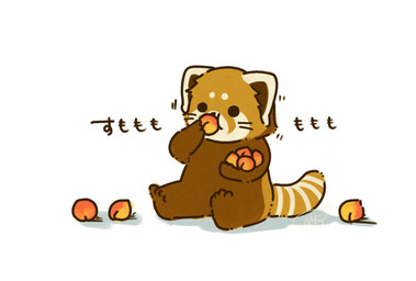 black_eyes black_nose brown_body chibi dot_eyes eating eating_food feral food fruit peach_(fruit) plant simple_background simple_eyes sitting solo text white_background shi_nominmin ailurid mammal red_panda 2023 hi_res japanese_text