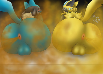 anthro anus balls big_butt blue_body blue_eyes blue_fur brown_eyes butt duo fart fart_cloud fart_fetish farting_together fur genitals glistening glistening_body hip_to_hip looking_at_viewer looking_back looking_back_at_viewer male raised_tail rear_view simple_background sitting tail wide_hips yellow_body yellow_fur drain_scat nintendo pokemon generation_4_pokemon generation_7_pokemon legendary_pokemon lucario mammal pokemon_(species) zeraora 2025 hi_res