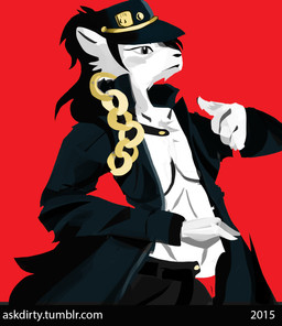 anthro biped black_bottomwear black_clothing black_hat black_headwear black_nose black_pants black_topwear bottomwear breasts clothed clothing cosplay female fully_clothed fur grey_body grey_ears grey_eyes grey_fur hat headgear headwear jotaro's_hat multicolored_body multicolored_ears multicolored_fur pants red_background simple_background snout solo text topwear two_tone_body two_tone_ears two_tone_fur white_body white_breasts white_ears white_fur year dirtyscoundrel jojo's_bizarre_adventure stardust_crusaders jotaro_kujo domestic_ferret mammal mustelid musteline true_musteline weasel 2015 digital_media_(artwork) digital_painting_(artwork) hi_res meme painting_(artwork) url