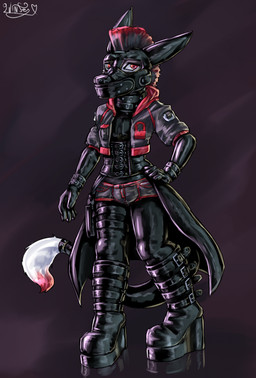 anthro biped black_background black_boots black_clothing black_footwear black_latex bodysuit boots clothed clothing corset footwear gimp_mask hair jacket latex latex_bodysuit latex_clothing latex_skinsuit lingerie looking_at_viewer male mask mohawk red_hair shoes simple_background skinsuit solo tail tail_tuft thigh_strap tight_clothing topwear tuft wearing_mask aliaspseudonym sergal 2026 hi_res