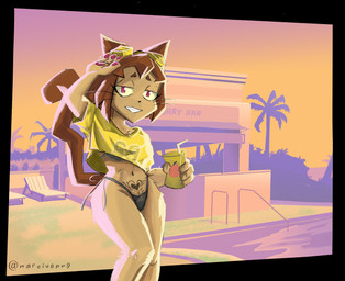 4_fingers abstract_background anthro bikini bikini_thong black_bikini black_border black_clothing black_swimwear bob_cut border brown_hair cat_tail claws clothed clothing cosplay crop_top curvy_figure eyewear eyewear_on_head female finger_claws fingers fur goggles goggles_on_head hair juice_box long_tail looking_at_viewer medium_hair navel outside pink_eyes pose pubic_tattoo shirt side-tie_bikini skimpy skimpy_bikini smile solo string_bikini swimming_pool swimwear t-shirt tail tan_body tan_fur tattoo teeth text topwear two-piece_swimsuit whiskers wide_hipped_anthro wide_hipped_female wide_hips yellow_clothing yellow_crop_top yellow_sclera yellow_shirt yellow_t-shirt yellow_topwear marciuspng gameoverse glitch_productions grand_theft_auto grand_theft_auto_vi gta_vi_cover_girl rockstar_games kit_bodega domestic_cat felid feline felis mammal 2026 absurd_res artist_name digital_drawing_(artwork) digital_media_(artwork) hi_res