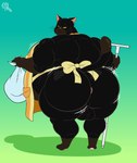 anthro anus apron apron_only balls belly biceps big_belly big_butt biped butt clothing genitals huge_belly huge_butt looking_back male mostly_nude musclegut muscular rear_view simple_background smile solo thick_thighs wide_hips jr7luckytanuki the_masterful_cat_is_depressed_again_today yukichi domestic_cat felid feline felis mammal 2023 absurd_res digital_media_(artwork) hi_res