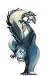 absurd_res anthro blue_body blue_scales breasts capcom claws fanged_wyvern feet female fingers fur hair handstand hi_res humanoid_face miao_jiangyou monster_girl_(genre) monster_hunter multicolored_body multicolored_scales red_eyes scales scalie solo tail tobi-kadachi toes tongue tongue_out white_body white_fur