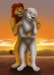 anthro anthrofied duo fangs featureless_crotch fur male male/male mane nude open_mouth pose smile sunset teeth white_body white_fur rahir disney kimba_the_white_lion osamu_tezuka the_lion_king kimba simba_(the_lion_king) felid lion mammal pantherine digital_media_(artwork) hi_res