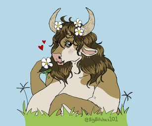 accessory anthro big_breasts bigbitches101 breasts female flower flower_in_hair flowers_in_hand grass hair hair_accessory heart_symbol hearts_around_head nude overweight overweight_anthro overweight_female plant smile solo animal_humanoid bovid bovid_humanoid bovine bovine_humanoid humanoid mammal mammal_humanoid absurd_res hi_res