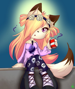 alternative_fashion anthro beverage bone cross crown female goth hair headgear orange_hair pastel_goth question_mark skull solo hibousquelettique canid canine canis mammal wolf