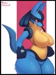 anthro big_breasts black_border blush border breasts curvy_figure female nipples red_eyes solo spikes standing text thick_thighs voluptuous wide_hips honeycalamari nintendo pokemon canid canine generation_4_pokemon lucario mammal pokemon_(species) 2018 english_text