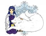 ainu_clothing blue_eyes blue_hair duo feral fur hair lying simple_background sitting white_background white_body white_fur ama_inu golden_kamuy asirpa retar canid canine canis human mammal wolf