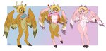 anthro antlers barbie_doll_anatomy blonde_hair breasts cloven_hooves confusion digitigrade ellipsis exclamation_point feathered_wings feathers featureless_breasts featureless_crotch fur gender_transformation green_eyes hair hand_on_cheek happy heart_symbol highlights_(coloring) hooves horn male mtf_transformation nude pink_body pink_fur pink_highlights question_mark simple_background solo standing surprised tan_body tan_fur transformation transformation_sequence wings shrubie_fox deer mammal 2025 colored hi_res