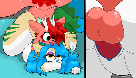 anthro antlers balls bite_mark bite_mark_on_breast bite_mark_on_butt blush breath duo female female_penetrated from_behind_position fur genitals gynomorph gynomorph/female gynomorph_penetrating gynomorph_penetrating_female hair horn intersex intersex/female intersex_penetrating intersex_penetrating_female orange_body orange_fur penetration penile penile_penetration penis penis_in_vagina red_hair sex simple_background size_difference smile tail tail_motion tailwag tongue two_panel_image vaginal vaginal_penetration vulva wings starrydraco starry_(starrydraco) tyla_foxe canid canine canis fox hybrid mammal therrigon wolf absurd_res digital_media_(artwork) hi_res