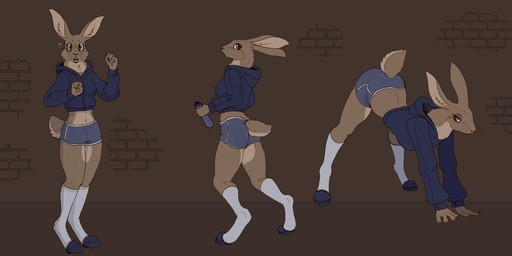 anthro bottle bottomwear brick brick_background clothing container digitigrade female furgonomics hoodie shorts solo sportswear surprised topwear water_bottle garbagegarage lagomorph leporid mammal rabbit hi_res