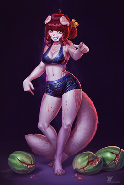 anthro bottomwear breasts brown_hair chest_tuft clothing crop_top crushed_object crushed_watermelon eyebrow_through_hair eyebrows feet female food fruit fur gesture hair hand_gesture looking_at_viewer melon midriff navel pink_body pink_fur plant pointing pointing_at_viewer shirt short_hair shorts smile solo tail topwear translucent translucent_hair tuft watermelon yellow_eyes hacatiko ailith_(nicoya) canid canine canis domestic_dog mammal 2022 hi_res