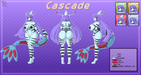 anthro big_breasts big_butt black_nipples breasts butt female genitals hair lipstick long_tail makeup multicolored_body nipples nude pokemorph purple_hair solo stripes tail text vulva derthevaporeon nintendo pokemon cascade_(yorkie98) generation_3_pokemon milotic pokemon_(species) absurd_res english_text hi_res