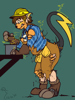 anthro armor battery clothing construction_worker electrician electricity hard_hat headgear helmet male solo tool_belt torn_clothing transformation worker werewolfaboo nintendo pokemon generation_1_pokemon pokemon_(species) raichu 3:4 hi_res