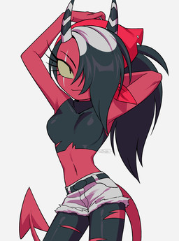 black_hair bottomwear breasts clothed clothing cocked_hip eye_scar facial_scar female hair hair_over_eye horn legwear ponytail red_body red_skin scar shorts simple_background small_breasts solo spade_tail tail tights torn_clothing torn_legwear torn_tights white_background yellow_sclera enaic31 hellaverse helluva_boss sallie_may_(helluva_boss) demon demon_humanoid humanoid imp absurd_res hi_res trans_(lore) trans_woman_(lore)