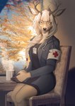 5_fingers anthro antlers black_nose breasts clothed clothing eyebrows eyelashes female fingers horn nurse nurse_clothing red_cross smile solo yellow_eyes etsu_cuprumfox deer mammal 2022 digital_media_(artwork) hi_res