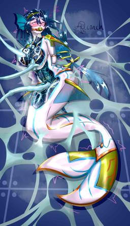 after_transformation arms_bound_behind_back arms_tied big_breasts bound breasts ear_fins female fin gag gagged hair light_body light_skin long_hair penetration sex solo split_form tentacle_sex tentacles vaginal vaginal_penetration womb_tattoo conch_(pixiv) mihoyo zenless_zone_zero cecilia_(zenless_zone_zero) aquatic humanoid_merfolk merfolk absurd_res hi_res