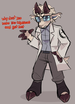 anthro blonde_hair clothed clothing coat eyewear followers_of_the_apocalypse_(fallout) glasses grey_background hair hooves lab_coat male new_vegas simple_background solo standing text topwear wearing_glasses picklezz0 fallout microsoft arcade_gannon bovid caprine goat mammal english_text
