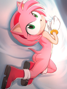 bedding bedding_background blush breasts butt female hair looking_at_viewer lying nude on_side pink_body short_hair smile solo skarlet_jewel sega sonic_the_hedgehog_(series) amy_rose eulipotyphlan hedgehog mammal 2024 3:4 absurd_res hi_res