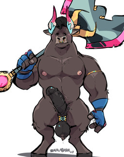 anthro armband axe ball_ring ball_stretcher ball_tuft balls black_hair brown_body clothing erection facial_piercing fingerless_gloves genitals gloves hair handwear hooves horn humanoid_genitalia humanoid_penis hybrid_genitalia hybrid_penis male medial_ring medial_ringed_humanoid_penis medial_ringed_hybrid_penis melee_weapon nipples nose_piercing nose_ring nude penis piercing ring_piercing simple_background solo standing testicle_cuff tuft unguligrade weapon white_background haps european_mythology greek_mythology hades_(game) mythology asterius_(hades) bovid bovine mammal minotaur hi_res