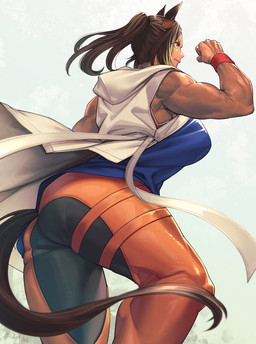 biceps bottomwear breasts brown_hair butt clothing deltoids female hair muscular muscular_female pants ponytail solo tail tan_body tan_skin vein mikel_(4hands) cygames uma_musume_pretty_derby michelle_my_baby_(pretty_derby) animal_humanoid equid equid_humanoid equine equine_humanoid horse_humanoid humanoid mammal mammal_humanoid 2026 hi_res