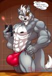 abs anthro biceps big_bulge black_nose bulge claws clothed clothing detailed_bulge dialogue electronics eye_patch eyewear genital_outline grey_body grey_eyes grey_skin grin hair holding_object jockstrap male muscular muscular_anthro muscular_male penis_outline phone red_clothing red_jockstrap red_undergarments red_underwear selfie sharp_teeth skimpy smile solo speech_bubble standing teeth text topless underwear white_body white_hair white_skin hungothenomster nintendo star_fox wolf_o'donnell canid canine canis mammal wolf 2017 english_text