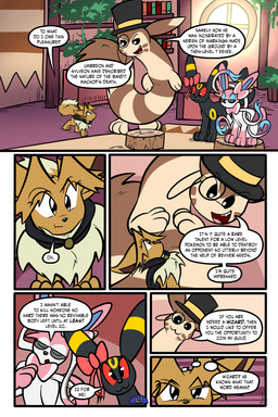6_panel_comic ambiguous_gender black_body black_cape black_clothing black_nose black_text blue_eyes book bookshelf bow_ribbon brown_hair cape closed_smile clothing day dialogue eyebrows eyelashes eyes_closed eyewear feral fluffy_ear fur furniture group hair hat headgear headwear inner_monologue inside larger_ambiguous looking_at_another markings monocle mouth_closed neck_tuft open_mouth open_smile page_number paws plant pupils quadruped question_mark red_eyes sharp_teeth size_difference smaller_ambiguous smile speech_bubble sunglasses tail talking_to_another teeth text thinking tongue toony top_hat translucent translucent_hair tree_stump tuft wall_(structure) white_pupils window yellow_markings virmir nintendo pokemon pokemon_mystery_dungeon spike_chunsoft virmir_(character) eevee eeveelution furret generation_1_pokemon generation_2_pokemon generation_6_pokemon pokemon_(species) sylveon umbreon 2026 2:3 absurd_res comic english_text hi_res signature