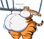 anthro bdsm belly big_belly big_breasts bondage bound breasts conveyor_belt feeding female food fur morbidly_obese morbidly_obese_anthro nude obese obese_anthro obese_female orange_body orange_fur overweight overweight_anthro overweight_female simple_background solo thick_thighs weight_gain white_background mizz-britt dreamworks kung_fu_panda master_tigress felid mammal pantherine tiger absurd_res digital_media_(artwork) hi_res shaded