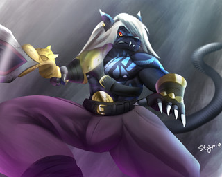 abs anthro bare_chest belt black_body black_fur fur hair long_hair male melee_weapon muscular muscular_anthro muscular_male pecs red_eyes solo sword weapon white_hair stymieg101 bandai_namco digimon digimon_beatbreak digimon_(species) murasamemon 5:4 hi_res
