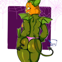 anthro bat_ears bat_wings big_butt blush breasts butt butt_grab clothing eyelashes female food for_a_head fruit glowing glowing_eyes green_body green_skin hand_on_butt leaf lingerie long_ears looking_at_viewer membrane_(anatomy) membranous_wings nipples nude nude_anthro nude_female orange_nipples panties pink_clothing pink_lingerie pink_panties pink_underwear plant pumpkin pumpkin_head simple_background slightly_chubby solo spade_tail spider_web tail thick_thighs underwear wings yellow_eyes zataekink estrid_(zataekink) bat elemental_creature flora_fauna mammal object_head 1:1