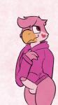 anthro balls bottomless clothed clothing erection feathers femboy genitals hoodie hoodie_only humanoid_genitalia humanoid_penis male penis pink_body pink_feathers presenting solo topwear topwear_only lovelierfreak cerise_(delrar) avian bird