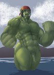 abs cloud foreskin genitals green_body green_nipples green_penis green_skin male mountain muscular muscular_male nipples nude penis penis_tip sky solo teeth teeth_showing thick_penis walking_in_water pandottermon humanoid orc colored hi_res