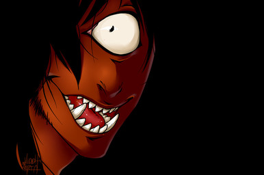 1_eye dark_body dark_skin fangs hair looking_at_viewer not_furry open_mouth solo teeth viddharta-joshua ohmai_dhaar-ling cyclops humanoid signature