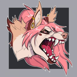 bodily_fluids ear_piercing fangs female feral fur hair looking_at_viewer open_mouth piercing pink_hair ring_piercing simple_background snarling solo teeth teeth_showing tongue shardfox halsey_(cero) canid canine canis jackal mammal 1:1 hi_res
