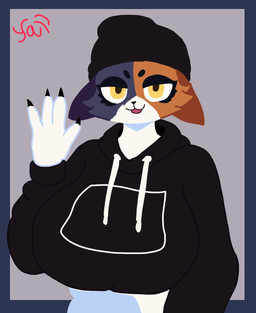 alternative_fashion anthro beanie black_beanie black_claws black_clothing black_eyebrows black_hat black_headwear black_hoodie black_nose black_topwear blue_border blue_ears border breasts brown_ears claws clothing eyebrows female gesture goth grey_background hat headgear headwear hoodie open_mouth open_smile red_mouth simple_background smile smiling_at_viewer solo topwear waving waving_at_viewer white_body yellow_eyes yapbunny epic_games fortnite meow_skulls domestic_cat felid feline felis mammal 2025 cel_shading colored digital_media_(artwork) hi_res shaded signature spanish_description