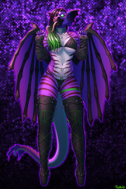 anthro arm_warmers armwear back_wings belly_chain bikini black_hair black_stripes boots breasts choker clothing dragon_wings duo extreme_size_difference facial_horn female footwear forked_tongue green_eyes green_hair hair hair_over_eye head_horn horn jewelry larger_female legwear long_hair long_tongue looking_at_viewer macro necklace nose_horn pupils purple_body purple_scales ring scales shoes size_difference slit_pupils solo_focus standing stripes swimwear tail tail_scales thigh_highs thigh_jewelry tongue two-piece_swimsuit vore warmers white_body white_scales wings conditional_dnp ratte mythology psychedelic_whiskers dragon mythological_creature mythological_scalie scalie 2026 2:3 absurd_res hi_res