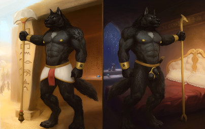 abs animal_genitalia anthro areola balls bed bedroom biceps black_body black_fur bottomwear canine_genitalia casual_nudity clothed clothing digitigrade egyptian egyptian_clothing feet fingers flaccid fully_sheathed fur furniture genital_piercing genitals guard holding_object holding_staff holding_weapon male muscular muscular_anthro muscular_male nipples nude pecs penis penis_piercing piercing pillow prince_albert_piercing sheath solo staff standing tail toes topless topless_anthro topless_male weapon orcfun sonic_wolfe canid canine canis mammal wolf digital_media_(artwork) hi_res