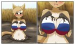 anthro big_breasts bikini blush border breasts clothing crossgender eyewear female flag flag_bikini flag_print glasses mascot mtf_crossgender print_bikini print_clothing print_swimwear quicksand russian_flag_bikini swimwear two-piece_swimsuit white_border zekkymzn fifa zabivaka canid canine canis mammal wolf 5:3