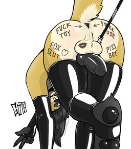 5_fingers all_fours anthro anus biped black_anus black_clothing black_footwear black_gloves black_hair black_handwear black_nose black_pawpads black_penis black_socks blue_eyes body_writing butt claws clothing digitigrade directional_arrow eyebrows fangs fingerless_gloves fingers fluffy fluffy_tail footwear free_use fur genitals gesture glistening glistening_clothing gloves hair hand_gesture handwear heart_symbol humanoid_hands implied_watersports kiss_mark_on_balls knot knotted_penis latex latex_clothing latex_gloves latex_handwear latex_legwear latex_stockings leash leash_pull legwear long_hair looking_at_viewer male multicolored_body open_mouth pawpads penis penis_backwards profanity raised_tail reddened_butt simple_background socks solo stirrup_legwear stockings tail teeth tongue tongue_out two_tone_body v_sign whisker_spots white_background white_body white_fur yellow_body yellow_fur goth_(artist) steven_(goth) canid canine fox mammal 2023 digital_drawing_(artwork) digital_media_(artwork) hi_res shaded signature